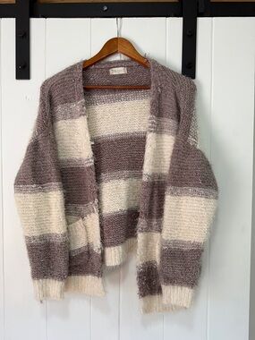 Altar'd State Cream and Taupe Striped Open-Front Cardigan